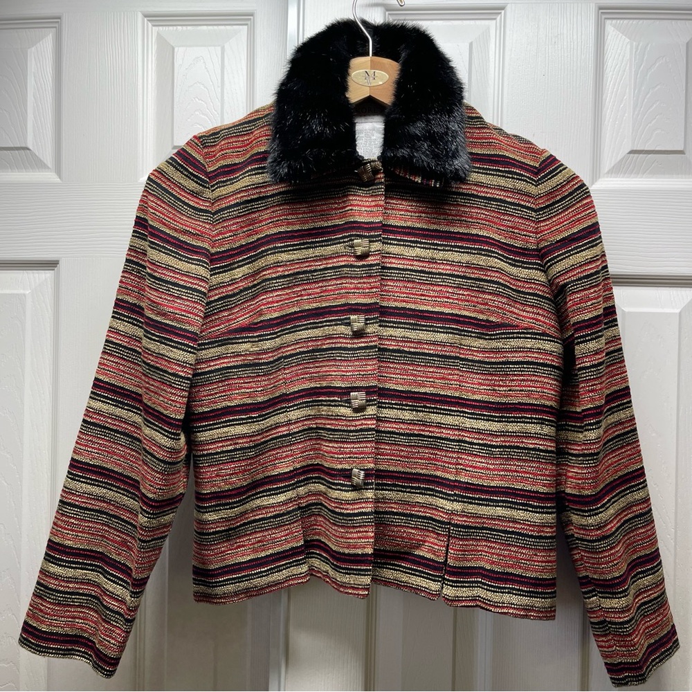 Vintage Koret Women’s Jacket Striped Removable Black Faux Fur Collar Sz 10P